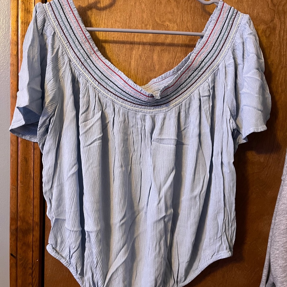 light blue off the shoulder top